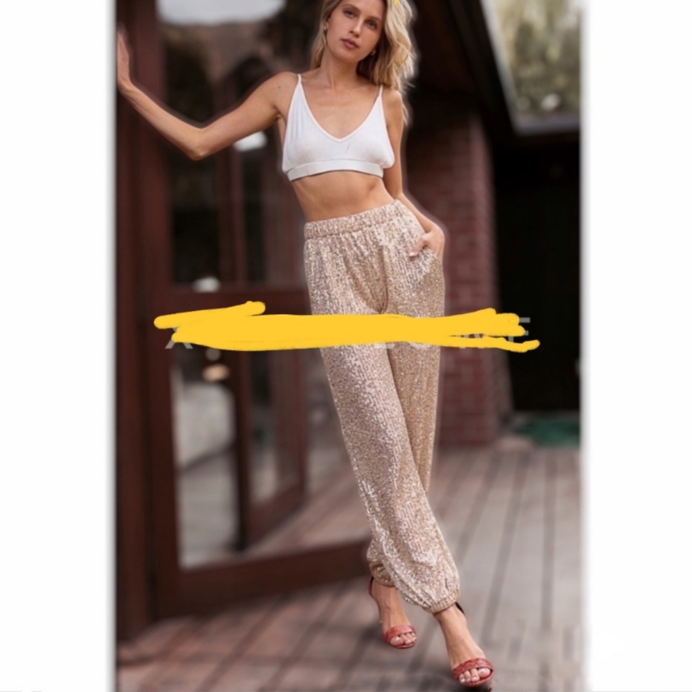 POL Gold Sequin Sparkle Elastic Waist Joggers